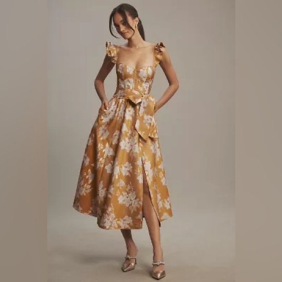 V. Chapman Dresses & Skirts - V. Chapman Vera Ruffle-Strap Corset Side-Slit Midi Dress - Gold Baroque